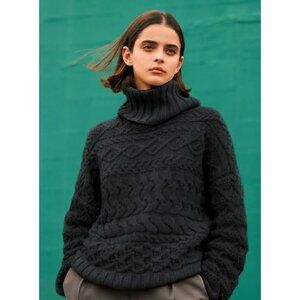 GIGI Knitwear 100% Fine Merino Wool Cable Knit Turtleneck Sweater M Gray Chunky